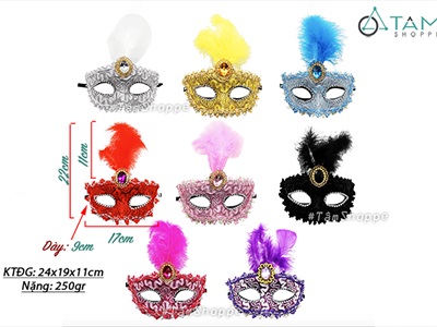 Mặt nạ nửa mặt lông vũ đính giữa ren sóng viên ngọc [Nửa mặt trên - nhiều màu] MATNA-122